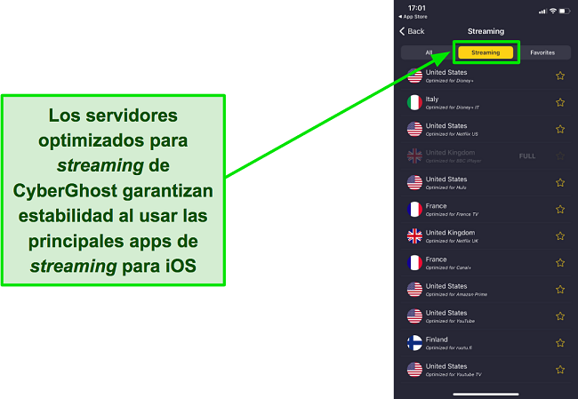 Una captura de pantalla de los servidores optimizados para transmisi&oacute;n de CyberGhost