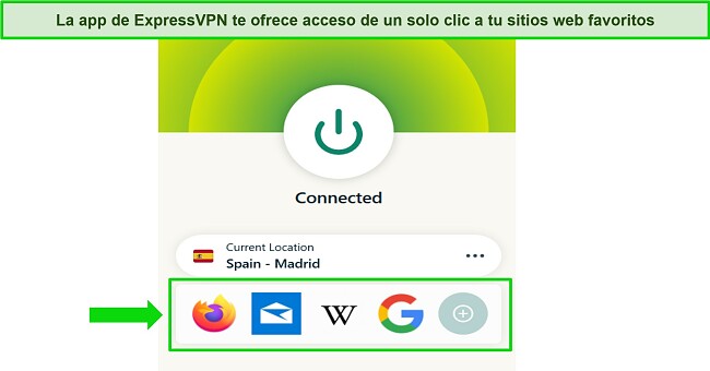 Gr&aacute;fico que muestra la opci&oacute;n de acceso directo de ExpressVPN en la aplicaci&oacute;n