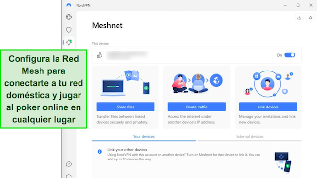 Imagen de la funci&oacute;n Meshnet de NordVPN en la aplicaci&oacute;n de Windows