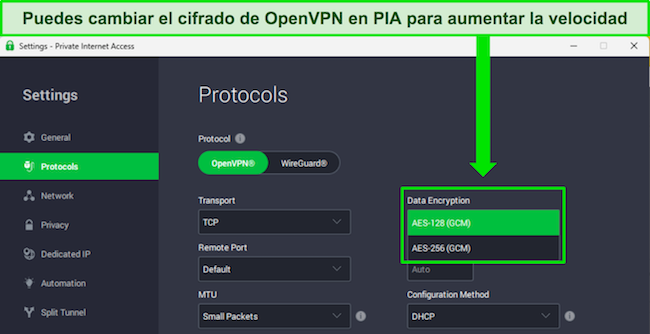 Aplicaci&oacute;n de Windows de PIA que muestra los niveles de cifrado personalizables para OpenVPN