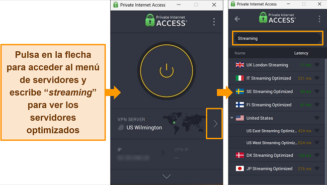 Captura de pantalla de los servidores de streaming de PIA encontrados escribiendo "streaming" en la barra de b&uacute;squeda