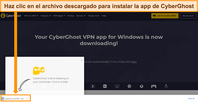 Captura de pantalla de la descarga de la aplicaci&oacute;n CyberGhost en un dispositivo Windows.