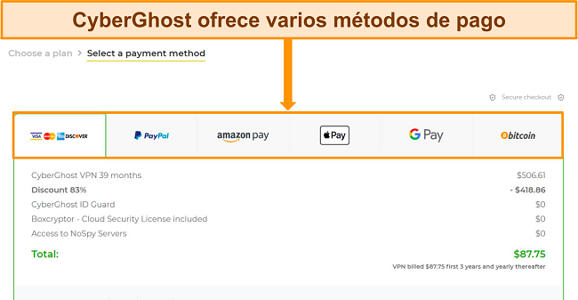 Obtenga una prueba gratuita de CyberGhost elija un m&eacute;todo de pago