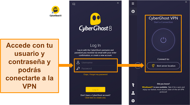 Captura de pantalla de la aplicaci&oacute;n de Windows de CyberGhost con la secci&oacute;n de nombre de usuario y contrase&ntilde;a resaltada.