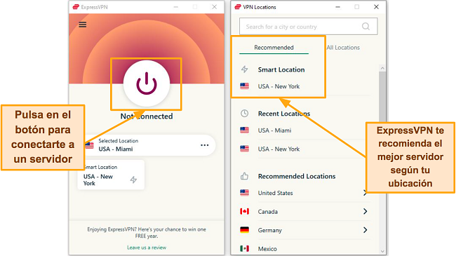 Captura de pantalla de las p&aacute;ginas de conexi&oacute;n de ExpressVPN y la lista de servidores