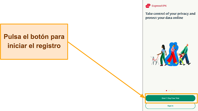 Captura de pantalla de la p&aacute;gina de inicio de sesi&oacute;n de ExpressVPN, con el resalte "Iniciar prueba gratuita de 7 d&iacute;as".