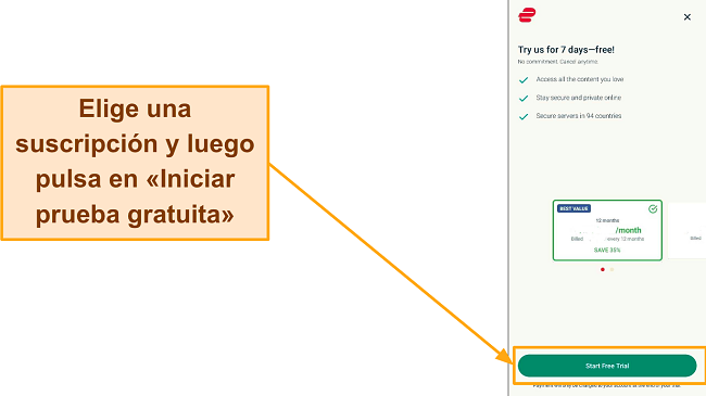 Captura de pantalla de la p&aacute;gina de selecci&oacute;n de planes con el bot&oacute;n "Iniciar prueba gratuita" resaltado.