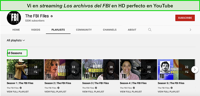Captura de pantalla del canal y lista de reproducción "The FBI Files" en YouTube.