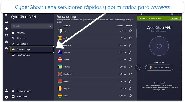 Captura de pantalla de los servidores optimizados para torrents de CyberGhost