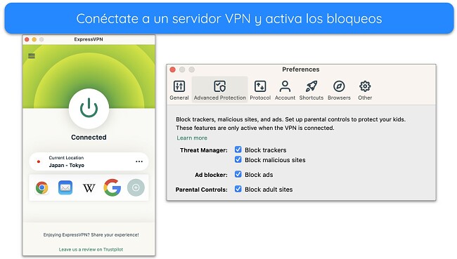 Screenshot of ExpressVPN connected to a server and its Advanced Protection blocker options