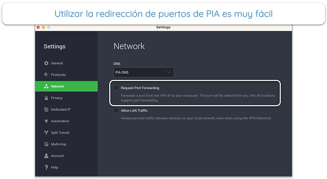 Captura de pantalla de la funci&oacute;n de reenv&iacute;o de puertos de PIA en su aplicaci&oacute;n