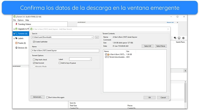 Captura de pantalla de la ventana emergente de detalles de descarga en uTorrent
