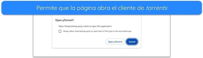 Captura de pantalla de notificaci&oacute;n para abrir el cliente uTorrent