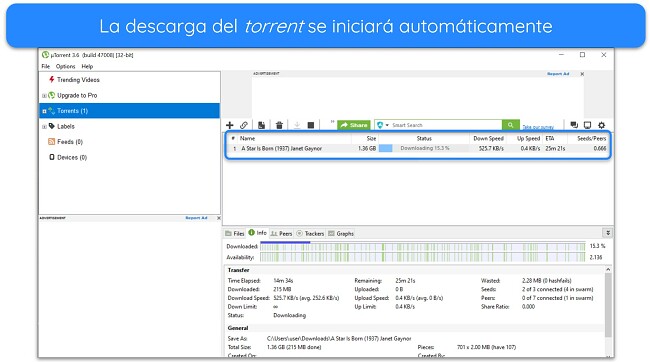 Captura de pantalla de la descarga de 'Ha nacido una estrella' en uTorrent
