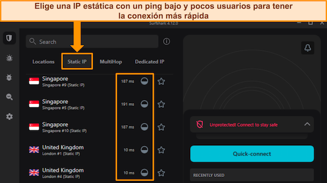 Aplicaci&oacute;n de Windows de Surfshark que muestra el men&uacute; del servidor de IP est&aacute;tica, resaltando el ping y la informaci&oacute;n de carga del usuario.