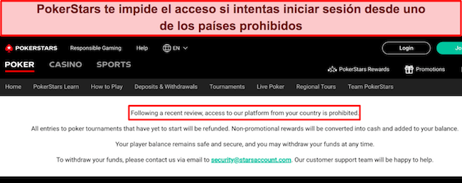 Imagen de PokerStars bloqueando el acceso al sitio cuando se detecta una ubicaci&oacute;n fuera de la regi&oacute;n