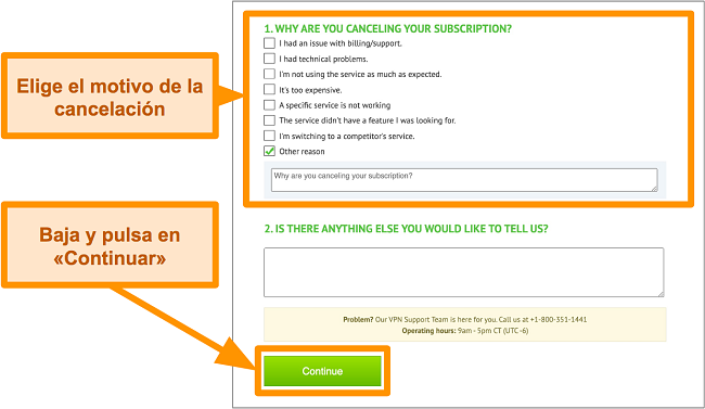 Captura de pantalla del motivo de cancelaci&oacute;n de IPVanish en el escritorio