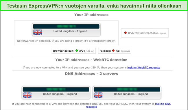 N&auml;ytt&ouml;kuva ExpressVPN: n vuototestituloksista ollessaan yhteydess&auml; palvelimeen Isossa-Britanniassa