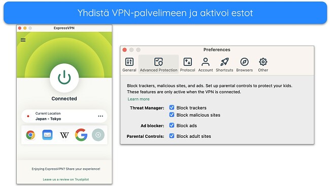 Kuvakaappaus palvelimeen yhdistetyst&auml; ExpressVPN:st&auml; ja sen lis&auml;suojauksen estovaihtoehdoista