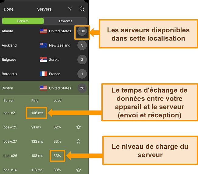 Capture d'&eacute;cran de l'application IPVanish iOS avec les informations du serveur mises en &eacute;vidence.