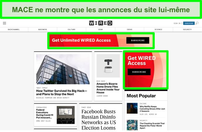 Capture d'&eacute;cran de MACE bloquant la plupart des publicit&eacute;s sur le site Web Wired