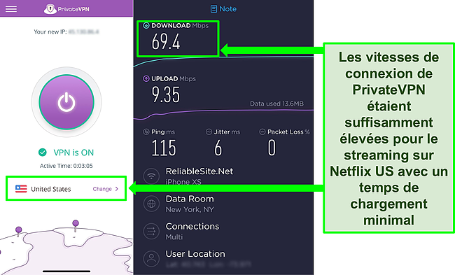 Capture d'&eacute;cran de PrivateVPN connect&eacute; &agrave; un serveur am&eacute;ricain, plus le r&eacute;sultat d'un test de vitesse Ookla.