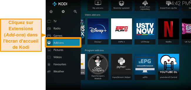 capture d'&eacute;cran de la proc&eacute;dure d'installation de l'addon kodi officiel, &eacute;tape deux, cliquez sur les addons