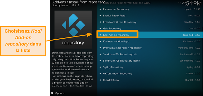 capture d'&eacute;cran de la fa&ccedil;on d'installer l'addon officiel kodi &eacute;tape cinq cliquez sur l'ajout de Kodi sur le r&eacute;f&eacute;rentiel de la liste