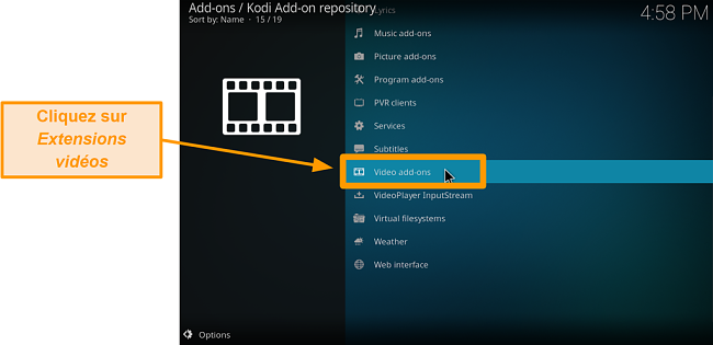 capture d'&eacute;cran de la proc&eacute;dure d'installation de l'addon kodi officiel, &eacute;tape six, cliquez sur les addons vid&eacute;o