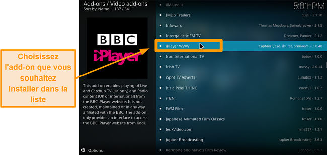 capture d'&eacute;cran de la proc&eacute;dure d'installation de l'addon kodi officiel, &eacute;tape sept, trouvez l'addon souhait&eacute;
