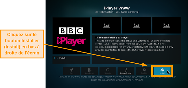 capture d'&eacute;cran de la proc&eacute;dure d'installation de l'addon kodi officiel, &eacute;tape huit, cliquez sur installer