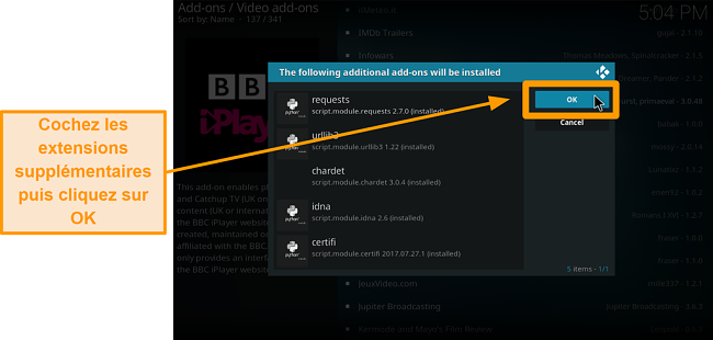 capture d'&eacute;cran de la proc&eacute;dure d'installation de l'addon kodi officiel, &eacute;tape 9, v&eacute;rifiez les addons suppl&eacute;mentaires, puis cliquez sur OK