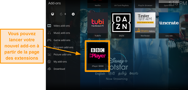 capture d'&eacute;cran de la proc&eacute;dure d'installation de l'addon officiel kodi, &eacute;tape onze, lancement d'un nouvel addon depuis la page d'accueil