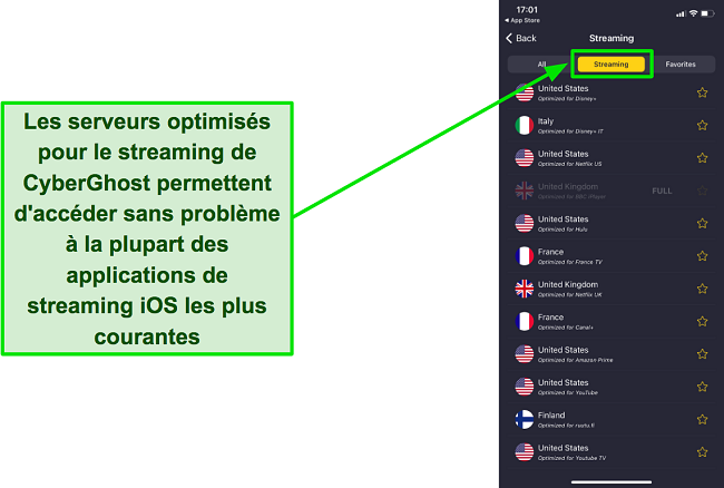 Une capture d'&eacute;cran des serveurs optimis&eacute;s pour le streaming de CyberGhost