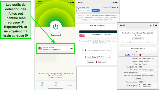 Une capture d'&eacute;cran du test ExpressVPN pour les fuites