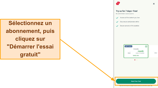 Capture d'&eacute;cran de la page de s&eacute;lection de plan avec le bouton 