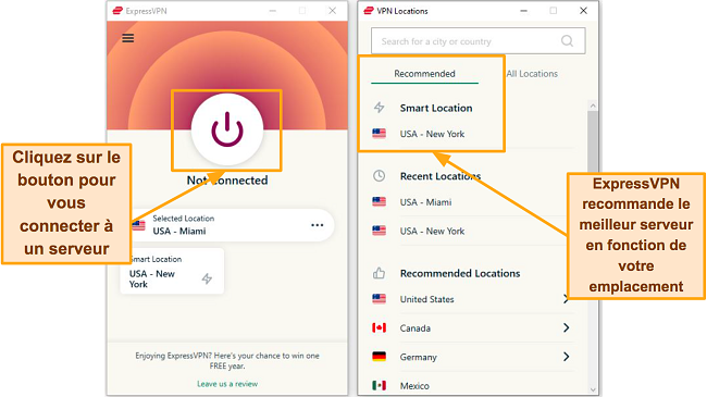 Capture d'&eacute;cran des pages de connexion ExpressVPN et de la liste des serveurs