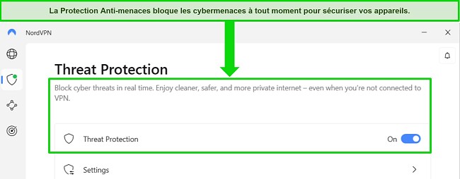 Capture d'&eacute;cran de l'application Windows de NordVPN montrant que la fonction de protection contre les menaces est toujours activ&eacute;e.