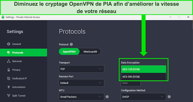 Image de l'application Windows de PIA, montrant les fonctionnalit&eacute;s personnalisables qui peuvent augmenter la vitesse du r&eacute;seau