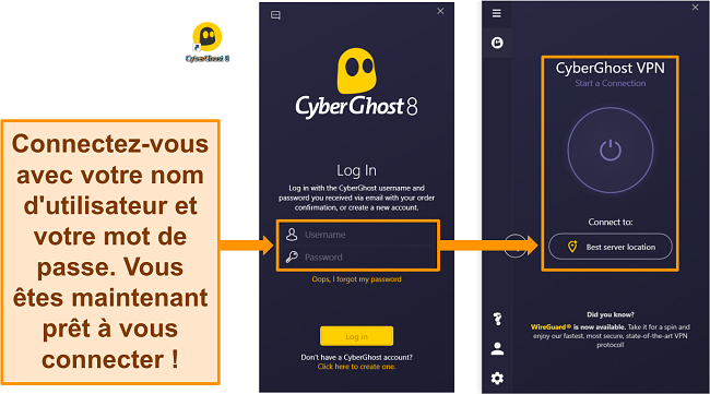 Capture d'&eacute;cran de l'application Windows de CyberGhost avec la section nom d'utilisateur et mot de passe en surbrillance.