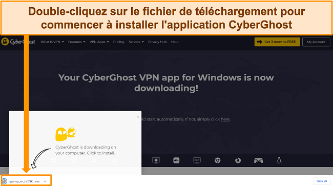 Capture d'&eacute;cran du t&eacute;l&eacute;chargement de l'application CyberGhost sur un appareil Windows.