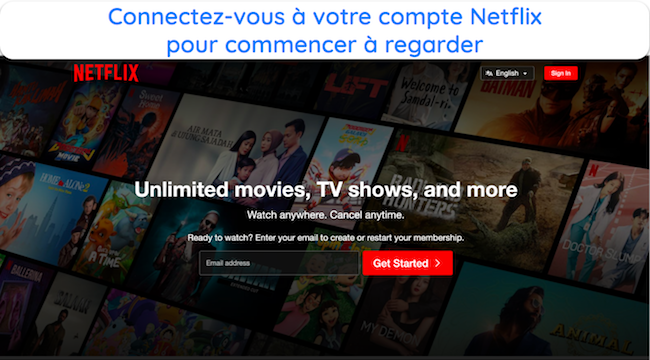 Capture d'&eacute;cran de la page de connexion de Netflix