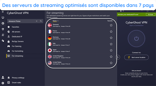 Image de l'application Windows de CyberGhost, montrant les emplacements optimis&eacute;s du serveur Amazon Prime Video.
