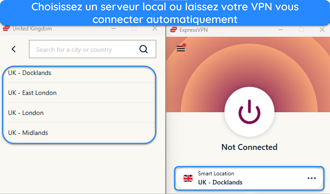 Image de l'application Windows d'ExpressVPN montrant la s&eacute;lection du serveur britannique et mettant en &eacute;vidence l'option de connexion Smart Location.