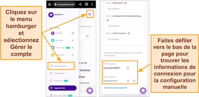 Capture d'&eacute;cran du menu PureVPN et des informations de connexion dans le navigateur Google Chrome sur Android