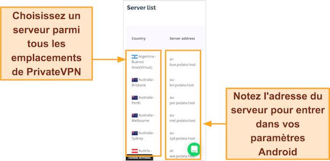Capture d'&eacute;cran de la liste des serveurs PrivateVPN dans le navigateur Google Chrome sur Android