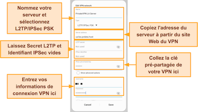 Capture d'&eacute;cran des d&eacute;tails de la configuration manuelle de StrongVPN dans les param&egrave;tres de connexion du profil VPN int&eacute;gr&eacute; d'Android
