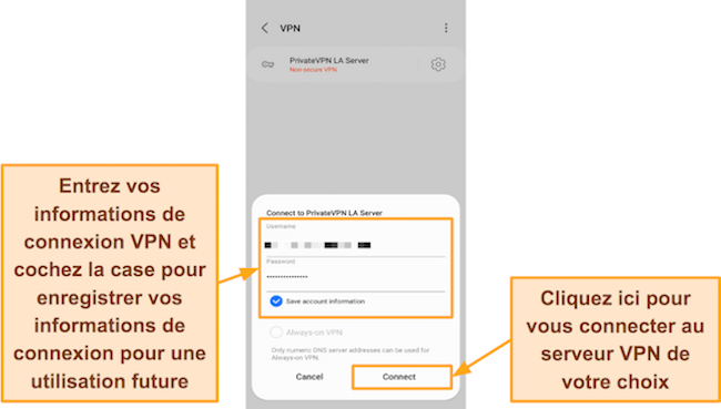 Capture d'&eacute;cran du nom d'utilisateur et du mot de passe VyprVPN dans les param&egrave;tres de connexion du profil VPN int&eacute;gr&eacute; d'Android