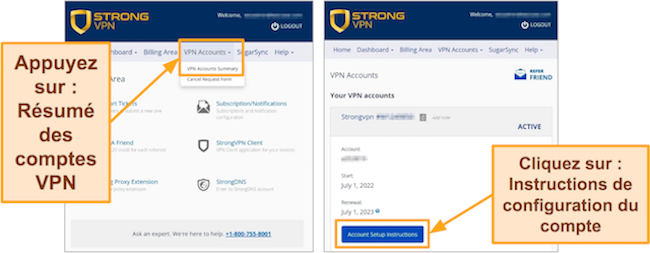 Capture d'&eacute;cran des d&eacute;tails du compte StrongVPN et du bouton d'instructions de configuration dans le navigateur Google Chrome sur Android