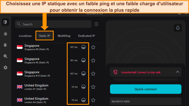 Application Windows de Surfshark affichant le menu du serveur IP statique, mettant en &eacute;vidence les informations de ping et de charge utilisateur